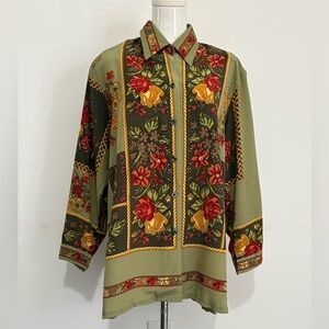 SIMULTANEOUSLY, Versace-esque Olive Green Floral Button-Down Blouse, Size M